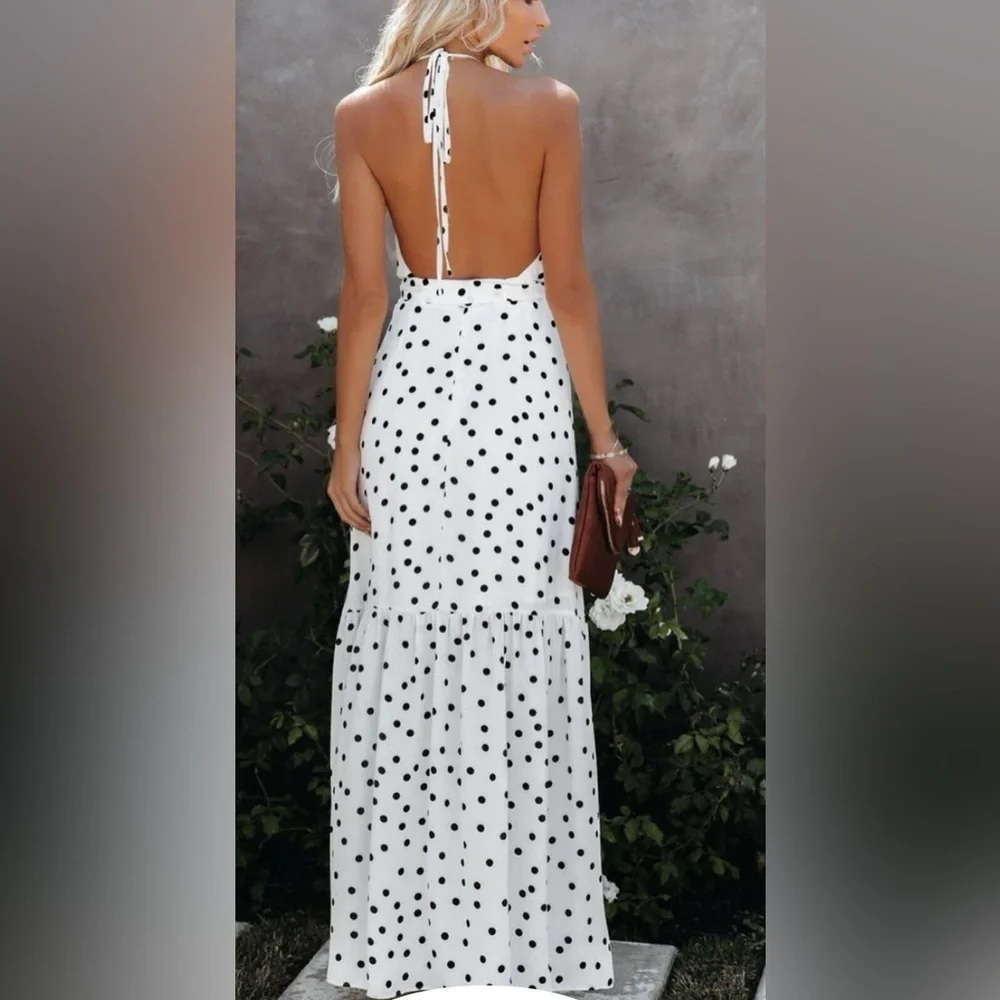 VICI Polka Dot Dress – white maxi dress wedding Payce Halter Kentucky Derby - Picture 2 of 10